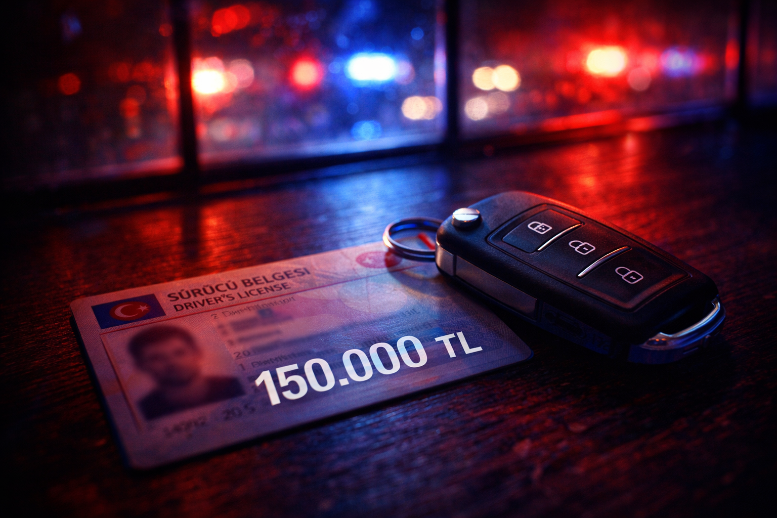 Masa üzerinde araba anahtarı ve ehliyet, kırmızı mavi polis ışıkları altında alkollü sürüş cezası ehliyet el koyma şartları