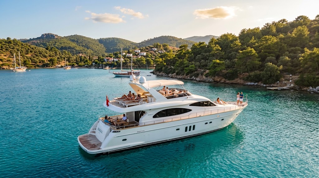 Luxury yacht anchored in a Bodrum bay for rental