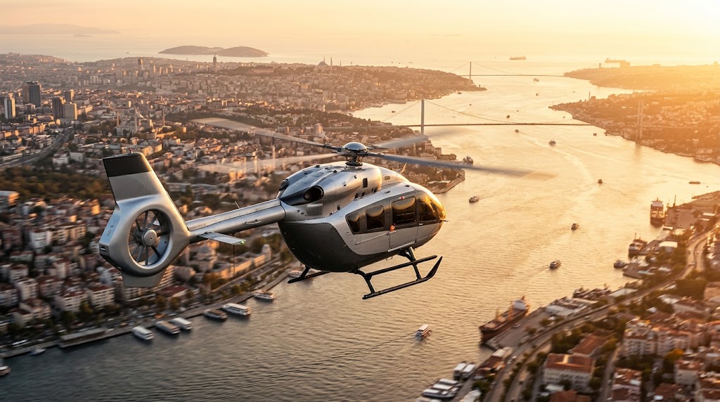 Helicopter flying over a coastal city for rental and transfer