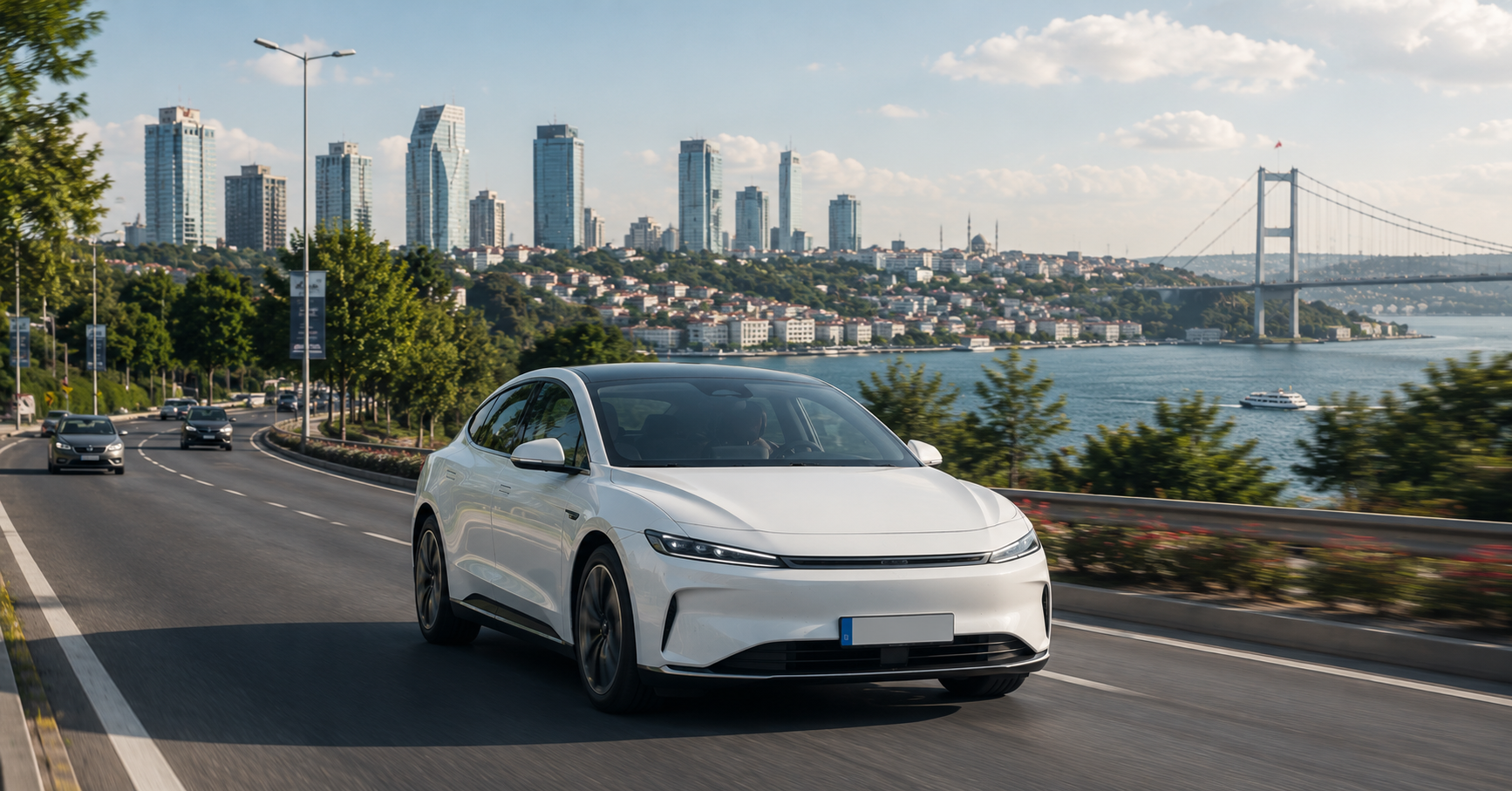 İstanbul trafiğinde elektrikli sedan araç